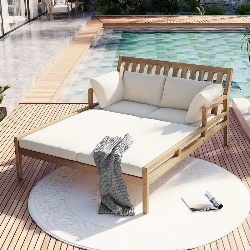 Bain de soleil extérieur en bois, 4 oreillers pour piscine, jardin, cour arrière