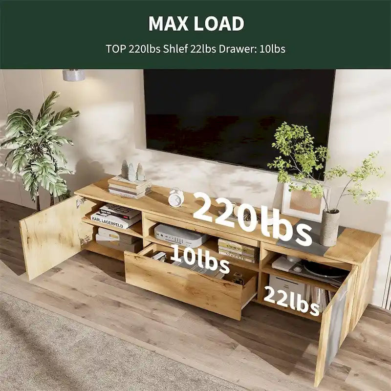 Meuble TV moderne de 70 po avec 3 armoires et tiroir, centre de divertissement