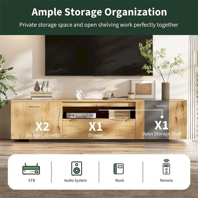 Meuble TV moderne de 70 po avec 3 armoires et tiroir, centre de divertissement
