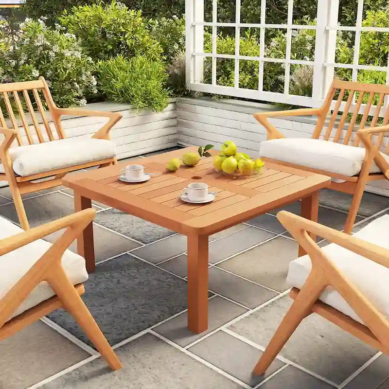 Table basse de patio Gymax avec trou pour parasol, plateau à lattes et huile de teck
