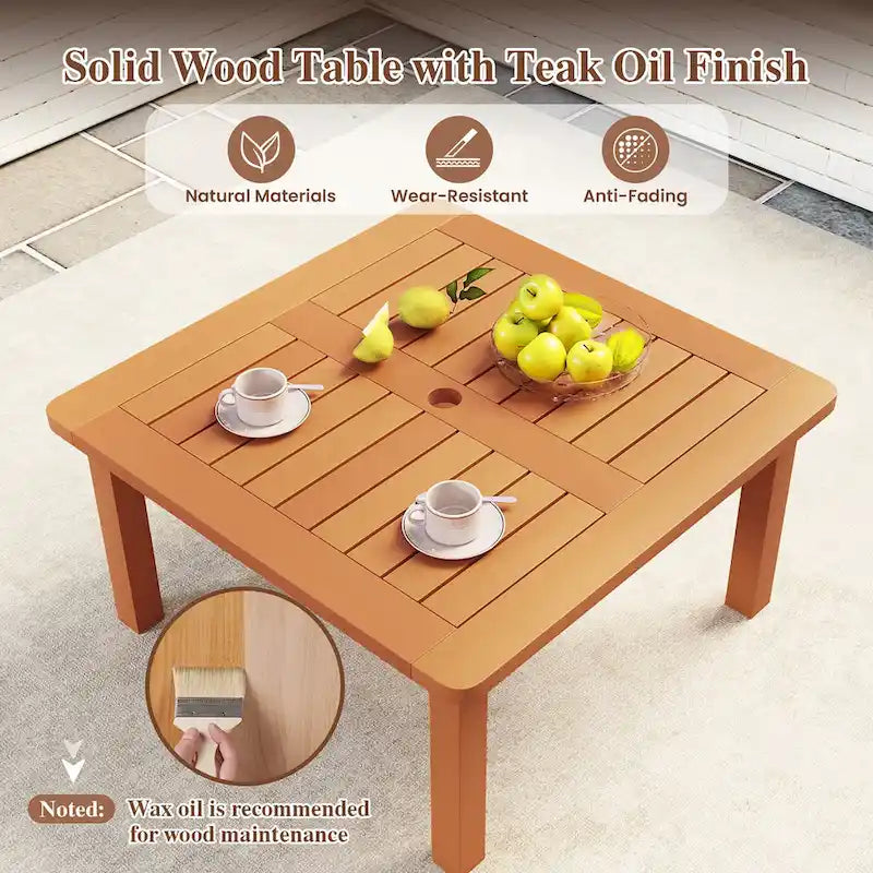Table basse de patio Gymax avec trou pour parasol, plateau à lattes et huile de teck