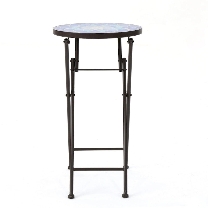 Table d'appoint d'extérieur Silia, ronde 13 pouces, carreaux de céramique bleus et blancs