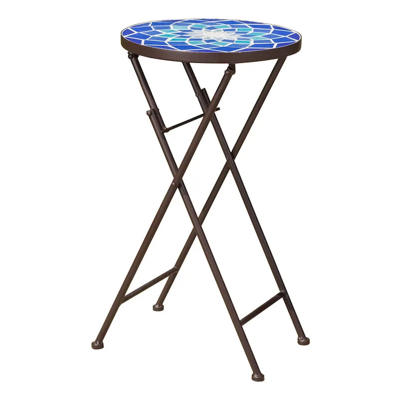 Table d'appoint d'extérieur Silia, ronde 13 pouces, carreaux de céramique bleus et blancs