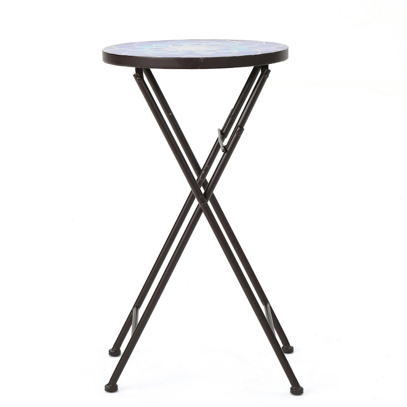 Table d'appoint d'extérieur Silia, ronde 13 pouces, carreaux de céramique bleus et blancs