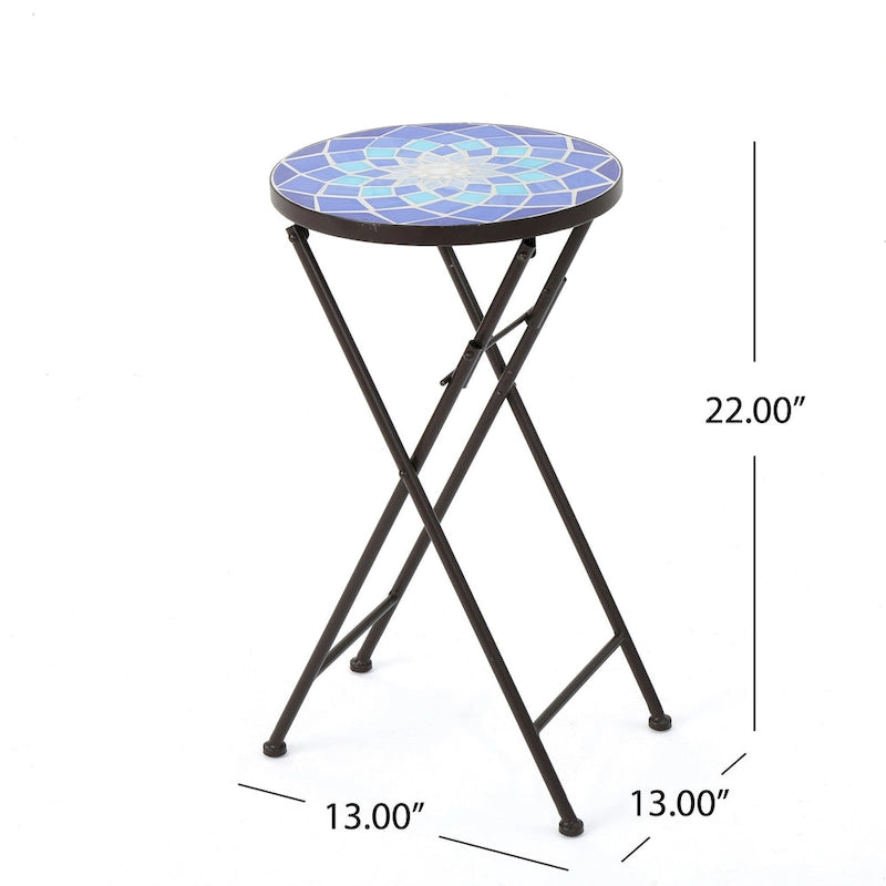 Table d'appoint d'extérieur Silia, ronde 13 pouces, carreaux de céramique bleus et blancs