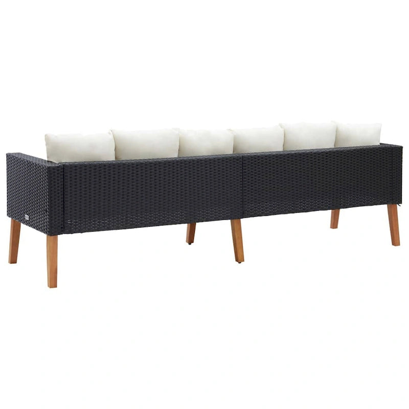 Canapé d'extérieur 3 places avec coussins en tissu blanc, rotin noir 218 cm