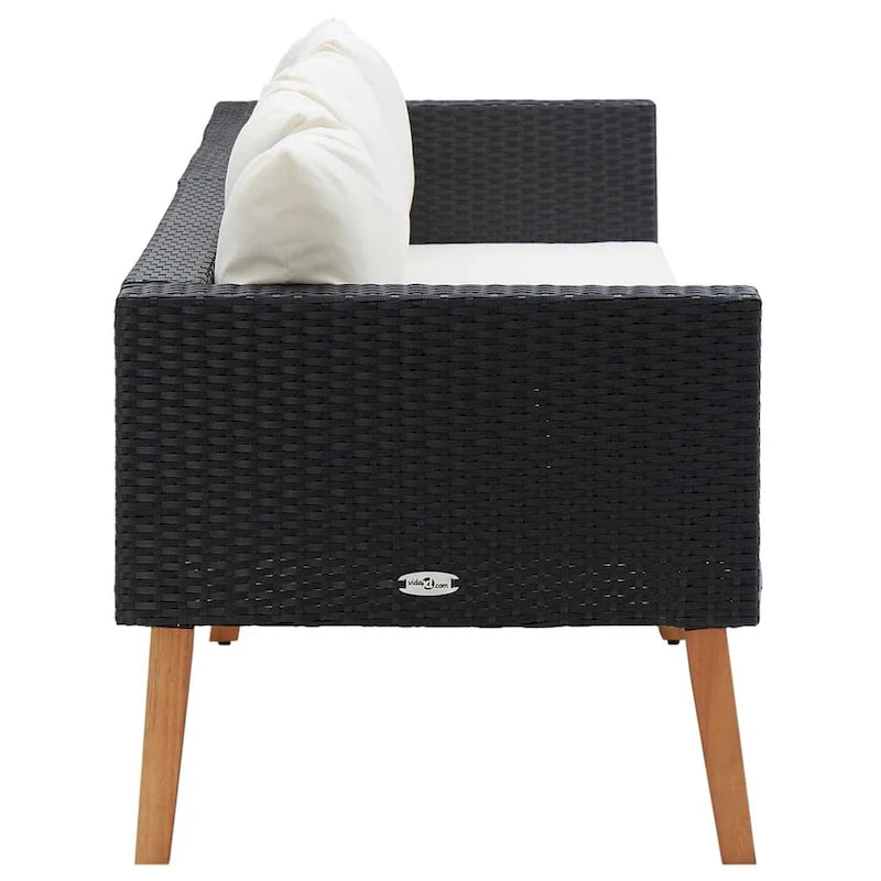 Canapé d'extérieur 3 places avec coussins en tissu blanc, rotin noir 218 cm