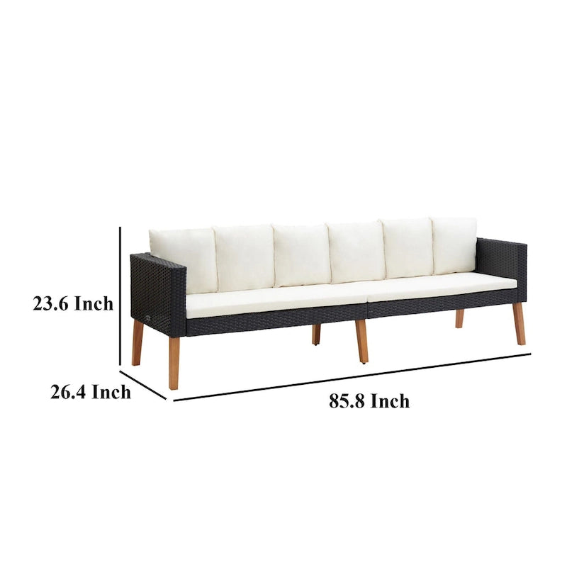 Canapé d'extérieur 3 places avec coussins en tissu blanc, rotin noir 218 cm