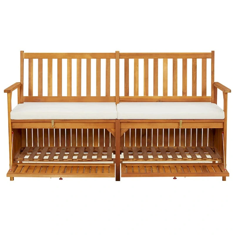 Banc de rangement extérieur, 58 pouces en bois d'acacia marron, coussin blanc crème