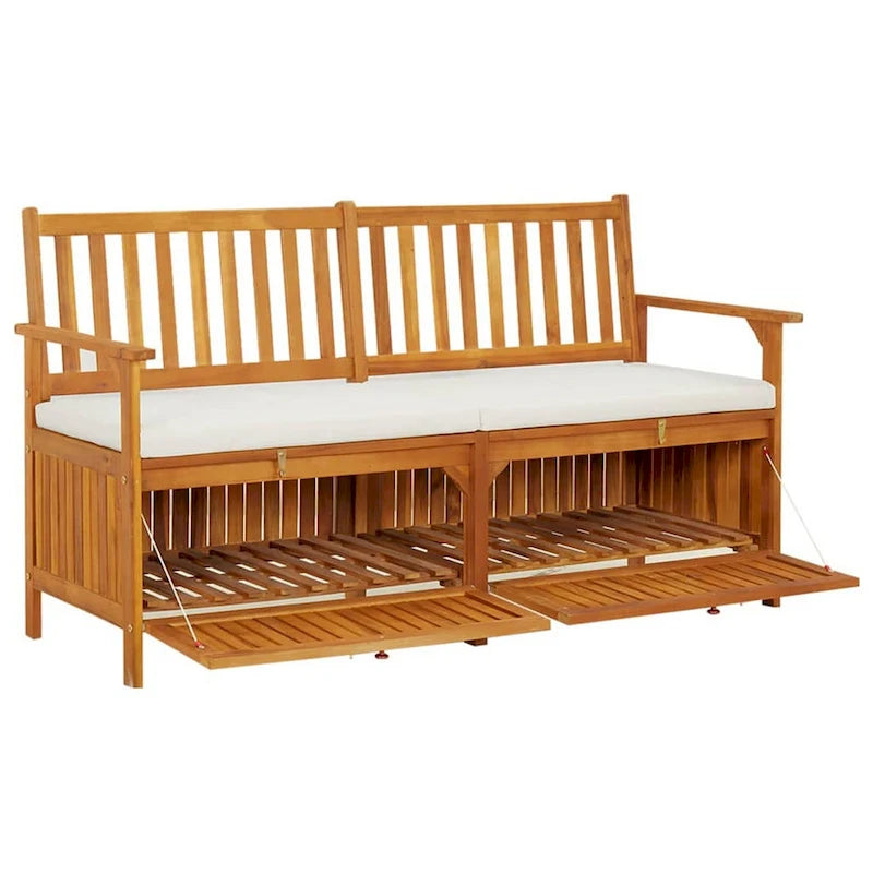 Banc de rangement extérieur, 58 pouces en bois d'acacia marron, coussin blanc crème