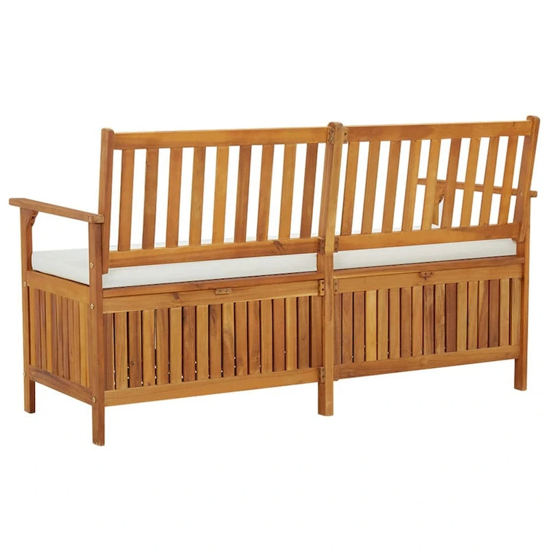 Banc de rangement extérieur, 58 pouces en bois d'acacia marron, coussin blanc crème