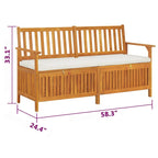 Banc de rangement extérieur, 58 pouces en bois d'acacia marron, coussin blanc crème