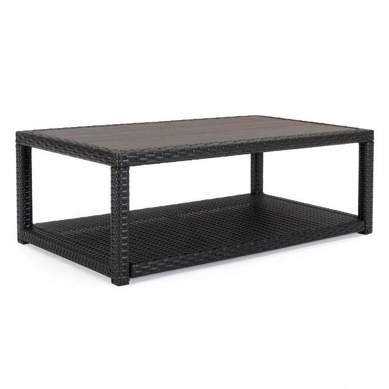 Coco 46 Inch Modern Patio Coffee Table with Shelf, Wicker Frame, Espresso