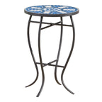 Outdoor Side End Table, 14 Inch Round Blue, White Mosaic Ceramic Top