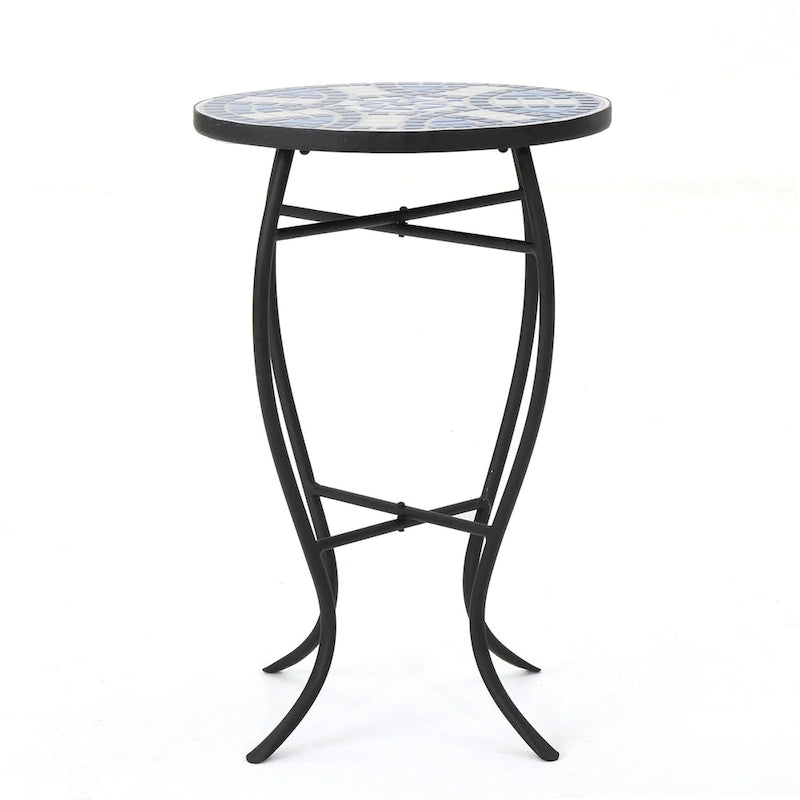 Table d'appoint latérale d'extérieur, ronde 14 pouces, plateau en céramique mosaïque bleue et blanche