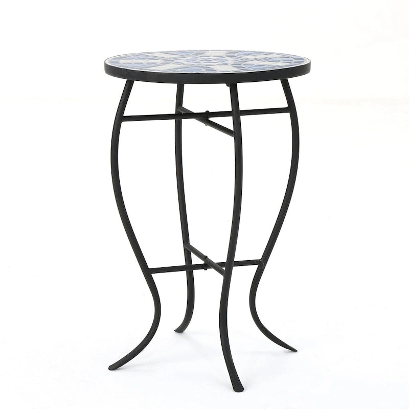 Table d'appoint latérale d'extérieur, ronde 14 pouces, plateau en céramique mosaïque bleue et blanche