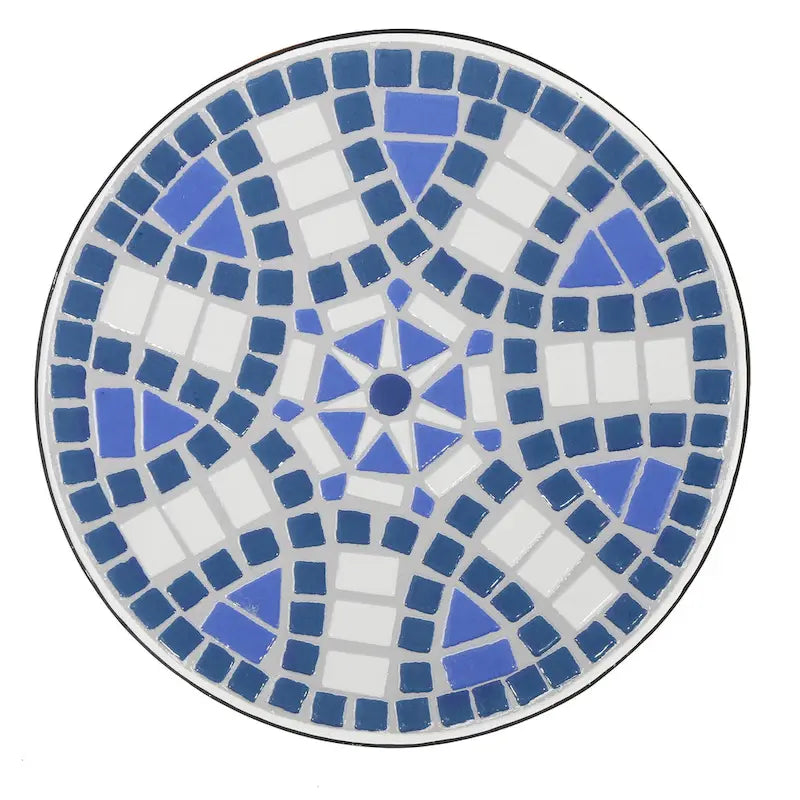 Table d'appoint latérale d'extérieur, ronde 14 pouces, plateau en céramique mosaïque bleue et blanche