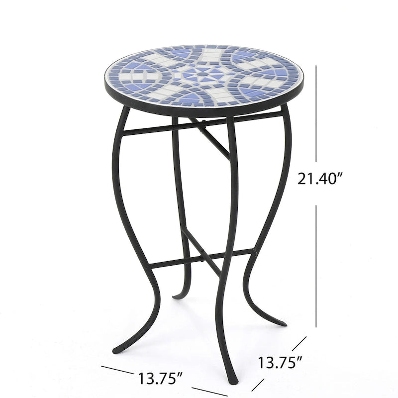Table d'appoint latérale d'extérieur, ronde 14 pouces, plateau en céramique mosaïque bleue et blanche