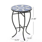 Table d'appoint latérale d'extérieur, ronde 14 pouces, plateau en céramique mosaïque bleue et blanche
