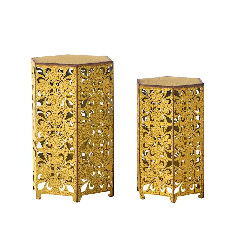 Table d'appoint d'extérieur Smio, lot de 2, en fer jaune découpé avec motif fleur de lys