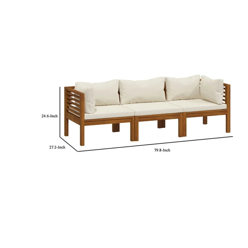 Ensemble de canapé modulaire d'extérieur 3 pièces Lina, bois d'acacia marron, polyester crème