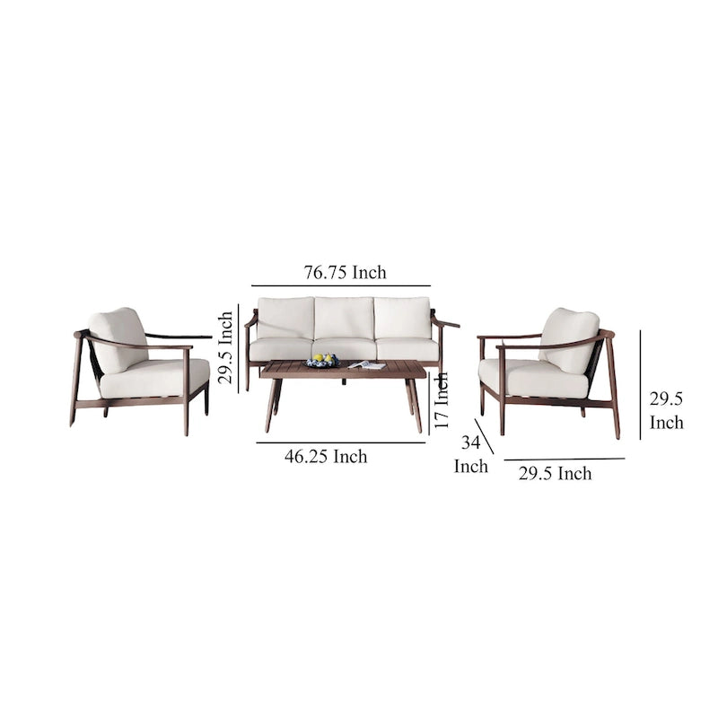 Canapé d'extérieur Fena 4 pièces, 2 fauteuils et table basse, coussins ivoire