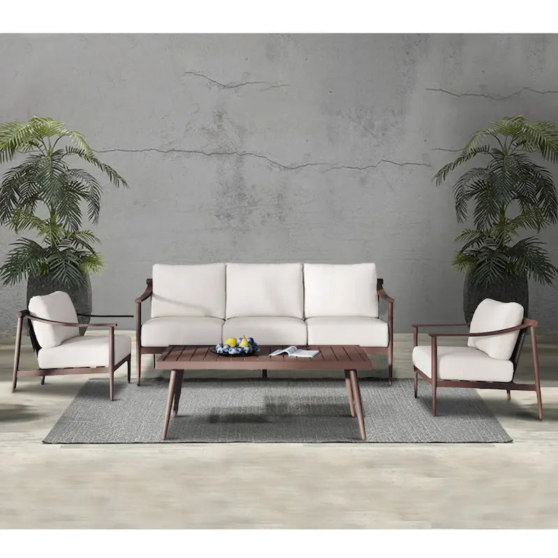 Canapé d'extérieur Fena 4 pièces, 2 fauteuils et table basse, coussins ivoire