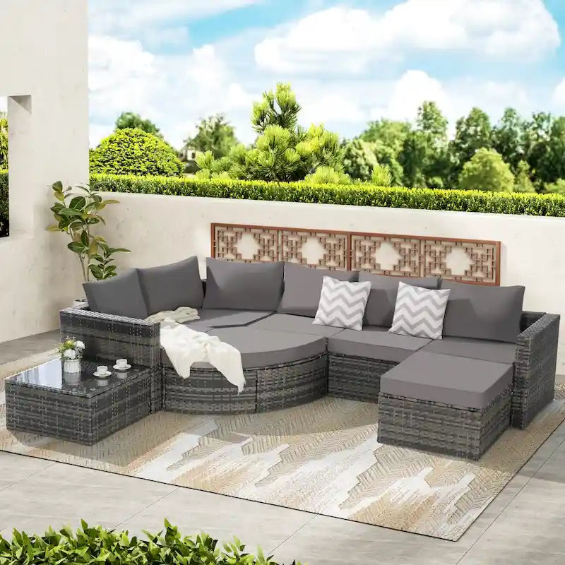 8 Pcs Outdoor Sectional L- Shaped Sofa Set, Patio Wicker Conversation Set Furniture with Curved Sofa Ottoman and Coffee Table