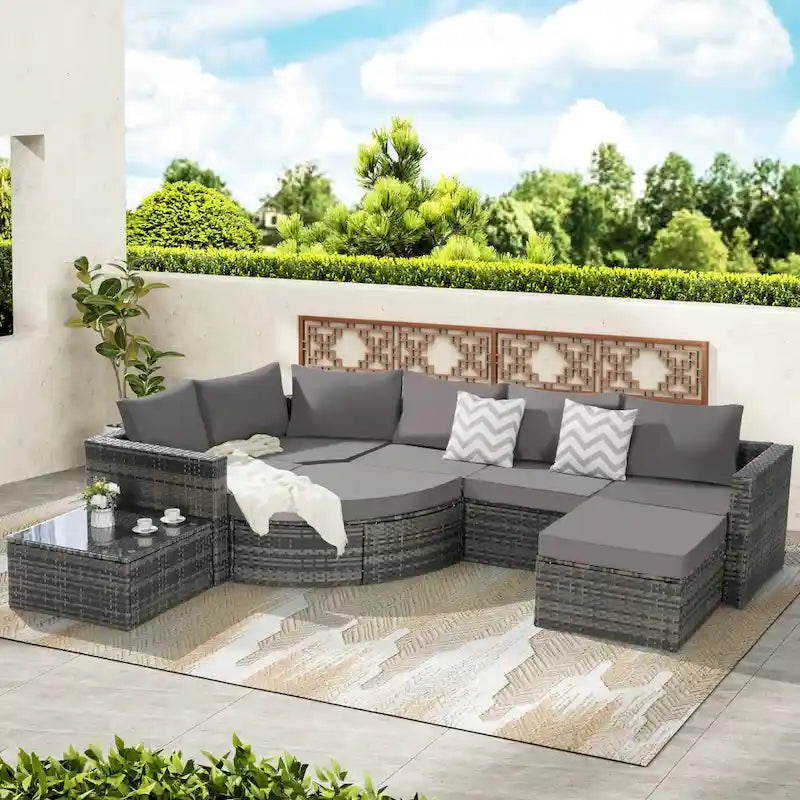 8 Pcs Outdoor Sectional L- Shaped Sofa Set, Patio Wicker Conversation Set Furniture with Curved Sofa Ottoman and Coffee Table