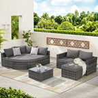 Ensemble de canapé d'angle d'extérieur 8 pièces, salon de jardin en osier avec ottoman incurvé et table basse
