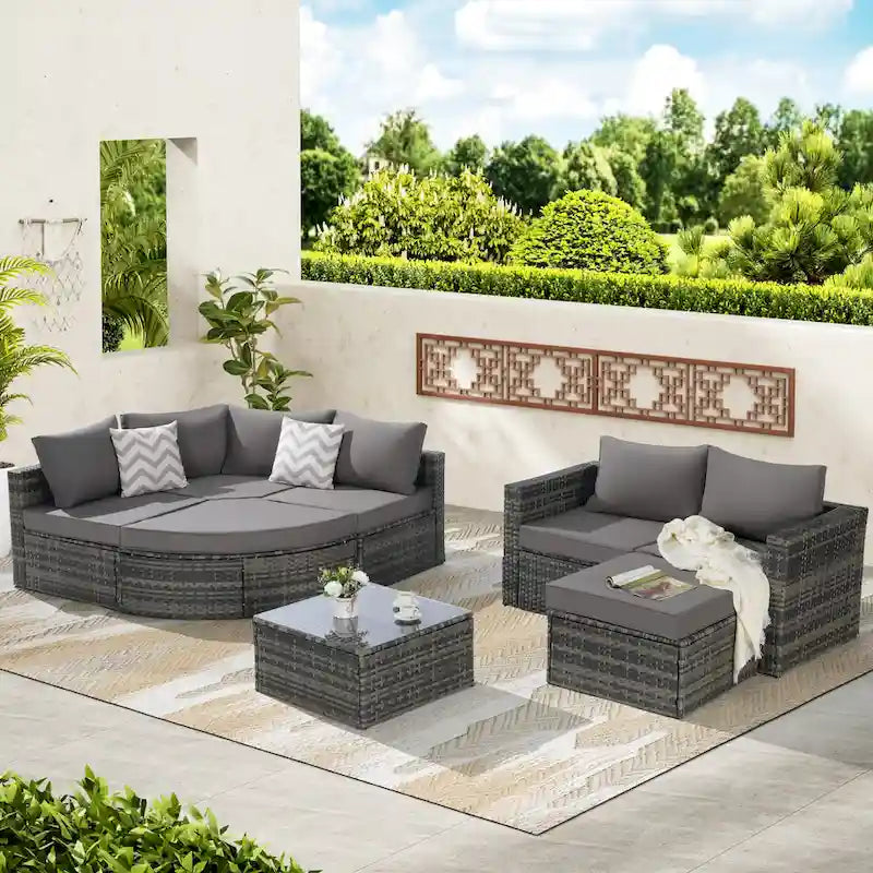Ensemble de canapé d'angle d'extérieur 8 pièces, salon de jardin en osier avec ottoman incurvé et table basse