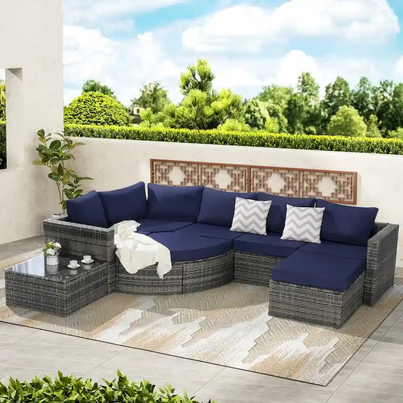 Ensemble de canapé d'angle d'extérieur 8 pièces, salon de jardin en osier avec ottoman incurvé et table basse