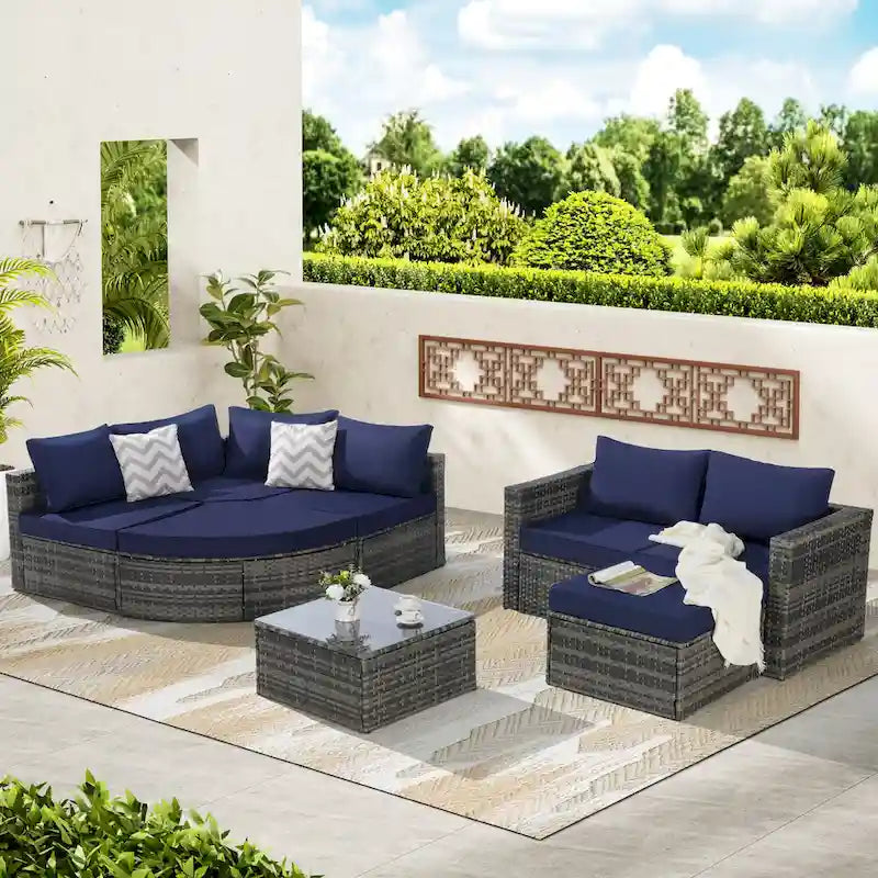Ensemble de canapé d'angle d'extérieur 8 pièces, salon de jardin en osier avec ottoman incurvé et table basse