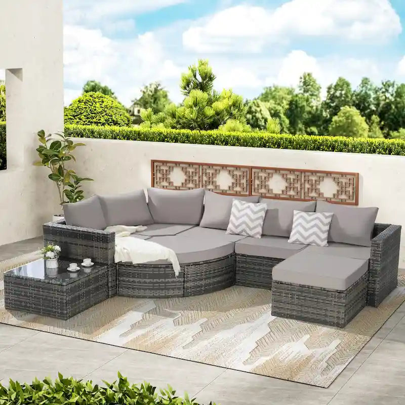 Ensemble de canapé d'angle d'extérieur 8 pièces, salon de jardin en osier avec ottoman incurvé et table basse
