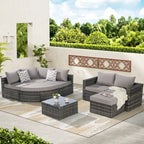 Ensemble de canapé d'angle d'extérieur 8 pièces, salon de jardin en osier avec ottoman incurvé et table basse