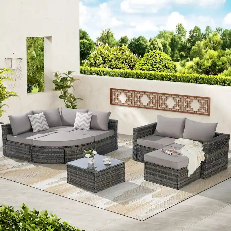 Ensemble de canapé d'angle d'extérieur 8 pièces, salon de jardin en osier avec ottoman incurvé et table basse