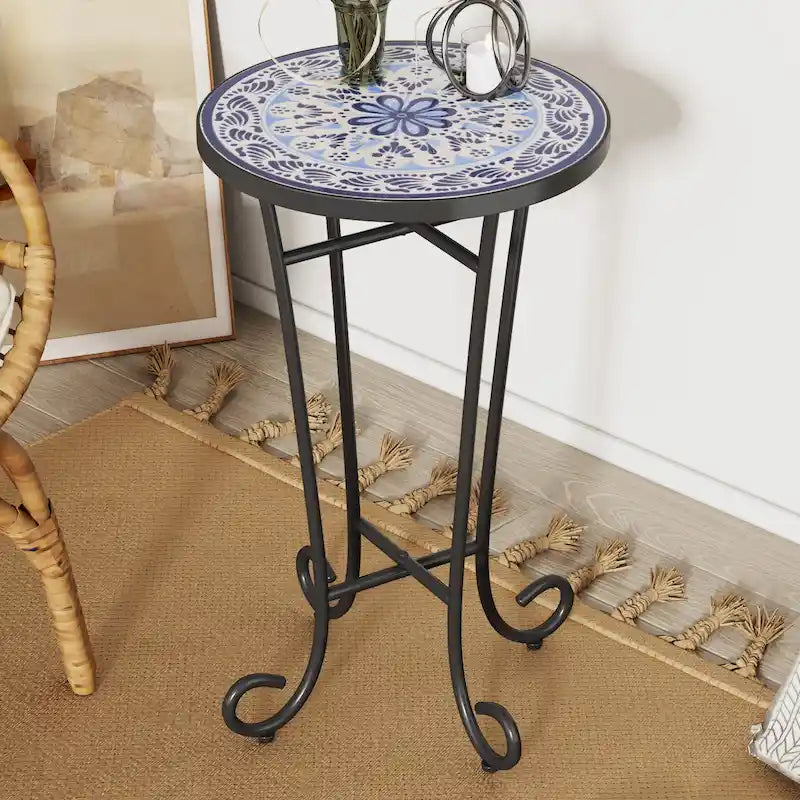 Indoor Outdoor Small Side Table Accent Table Plant Stand with Tile Top and Scrolling Legs for Balcony Garden