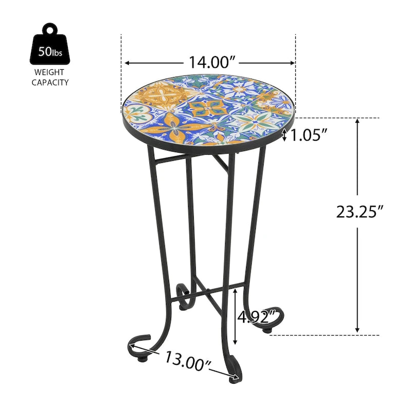 Table d'appoint intérieure et extérieure avec plateau en carrelage et pieds volutes pour balcon et jardin