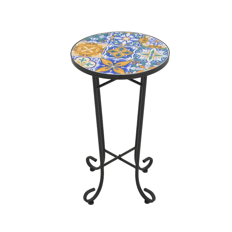 Table d'appoint intérieure et extérieure avec plateau en carrelage et pieds volutes pour balcon et jardin
