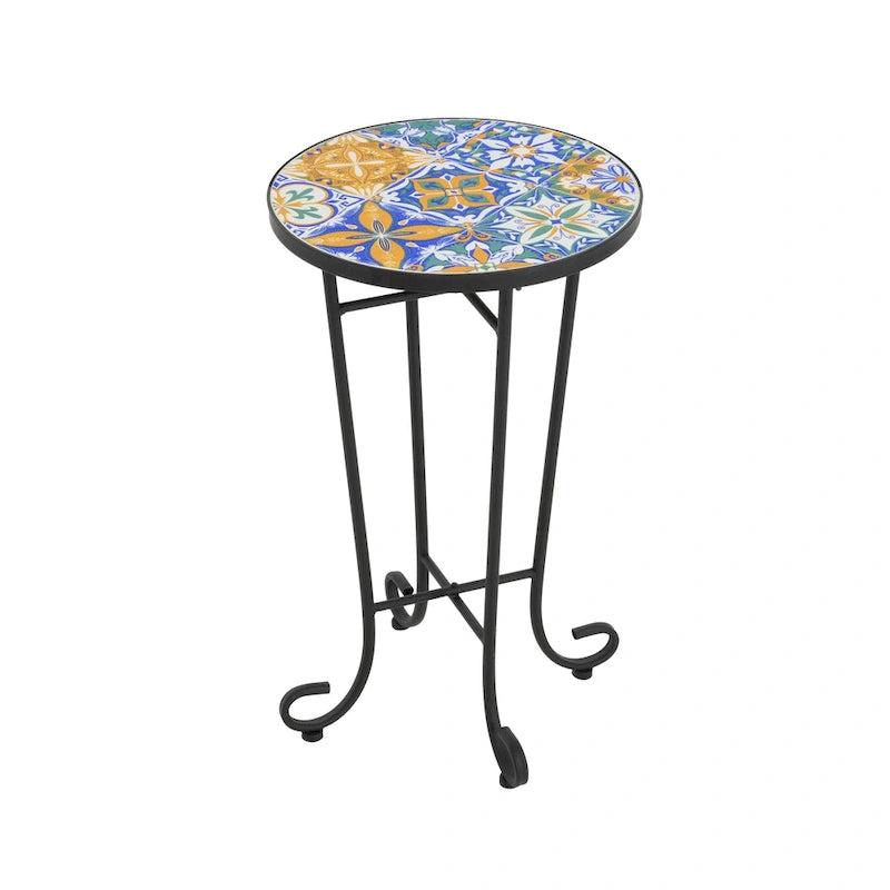 Table d'appoint intérieure et extérieure avec plateau en carrelage et pieds volutes pour balcon et jardin