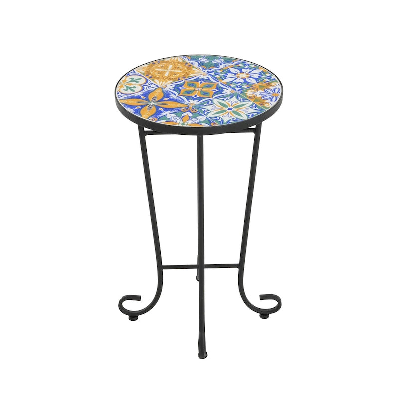 Table d'appoint intérieure et extérieure avec plateau en carrelage et pieds volutes pour balcon et jardin