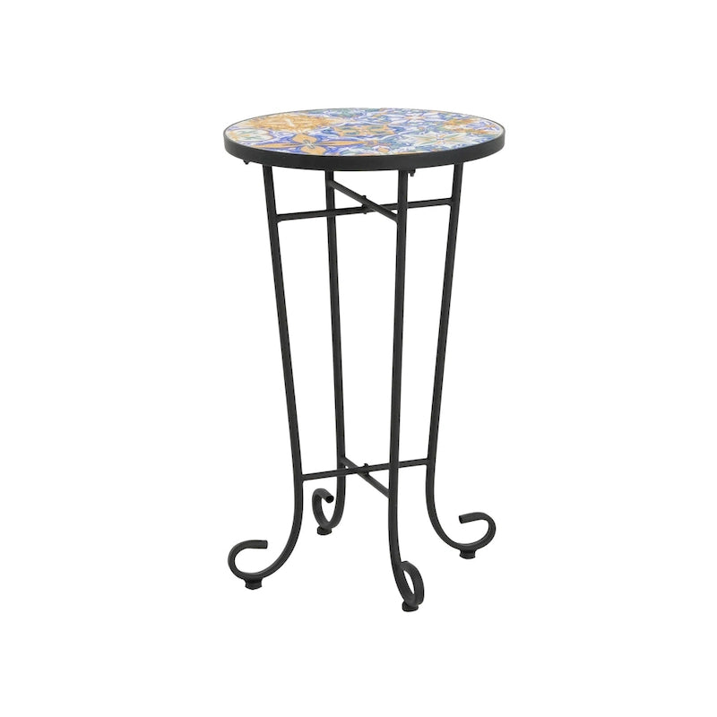 Table d'appoint intérieure et extérieure avec plateau en carrelage et pieds volutes pour balcon et jardin