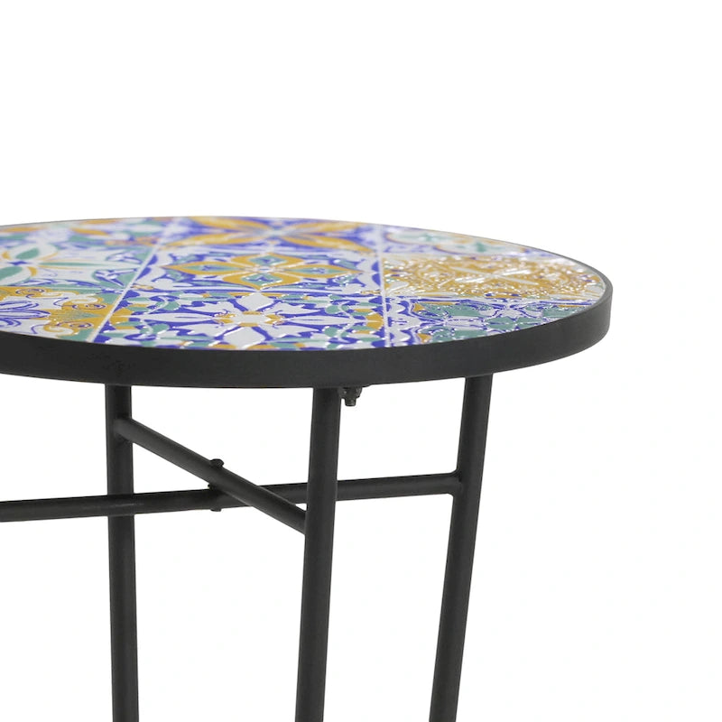 Table d'appoint intérieure et extérieure avec plateau en carrelage et pieds volutes pour balcon et jardin