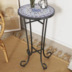 Table d'appoint intérieure et extérieure avec plateau en carrelage et pieds volutes pour balcon et jardin