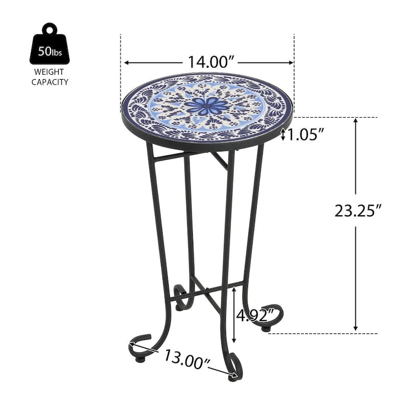 Table d'appoint intérieure et extérieure avec plateau en carrelage et pieds volutes pour balcon et jardin