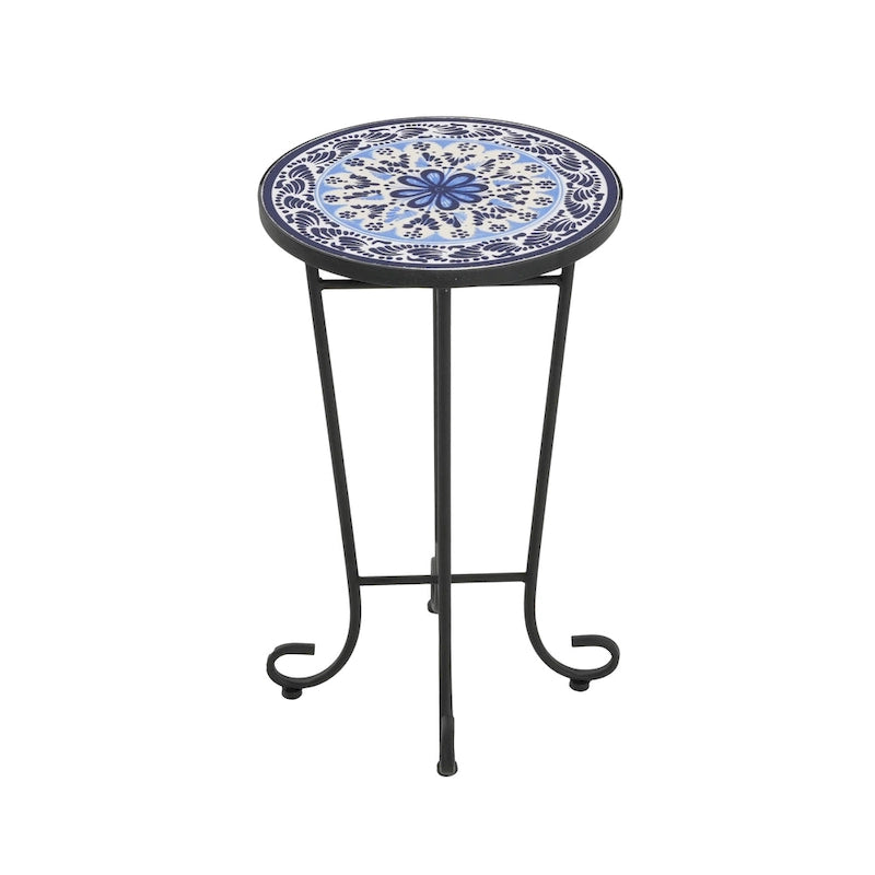 Table d'appoint intérieure et extérieure avec plateau en carrelage et pieds volutes pour balcon et jardin