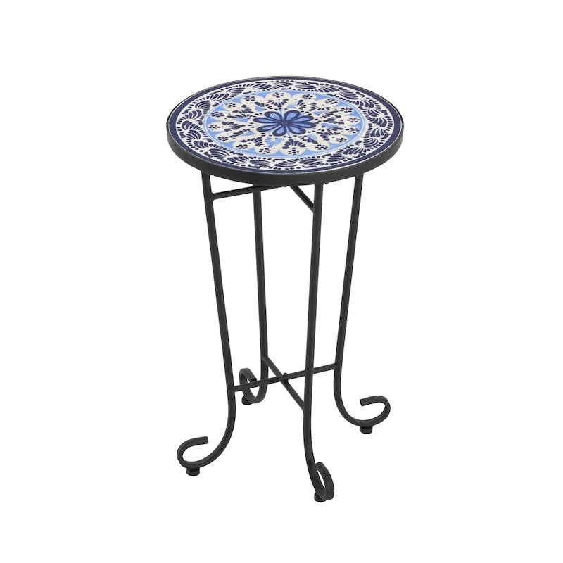 Table d'appoint intérieure et extérieure avec plateau en carrelage et pieds volutes pour balcon et jardin