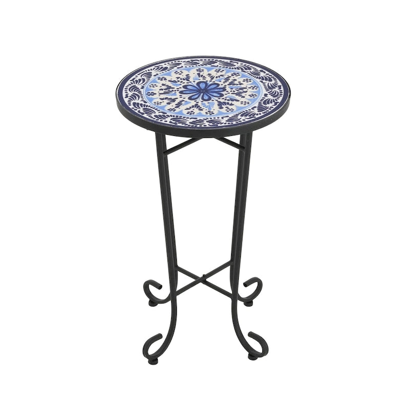 Table d'appoint intérieure et extérieure avec plateau en carrelage et pieds volutes pour balcon et jardin