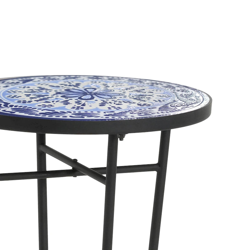 Table d'appoint intérieure et extérieure avec plateau en carrelage et pieds volutes pour balcon et jardin