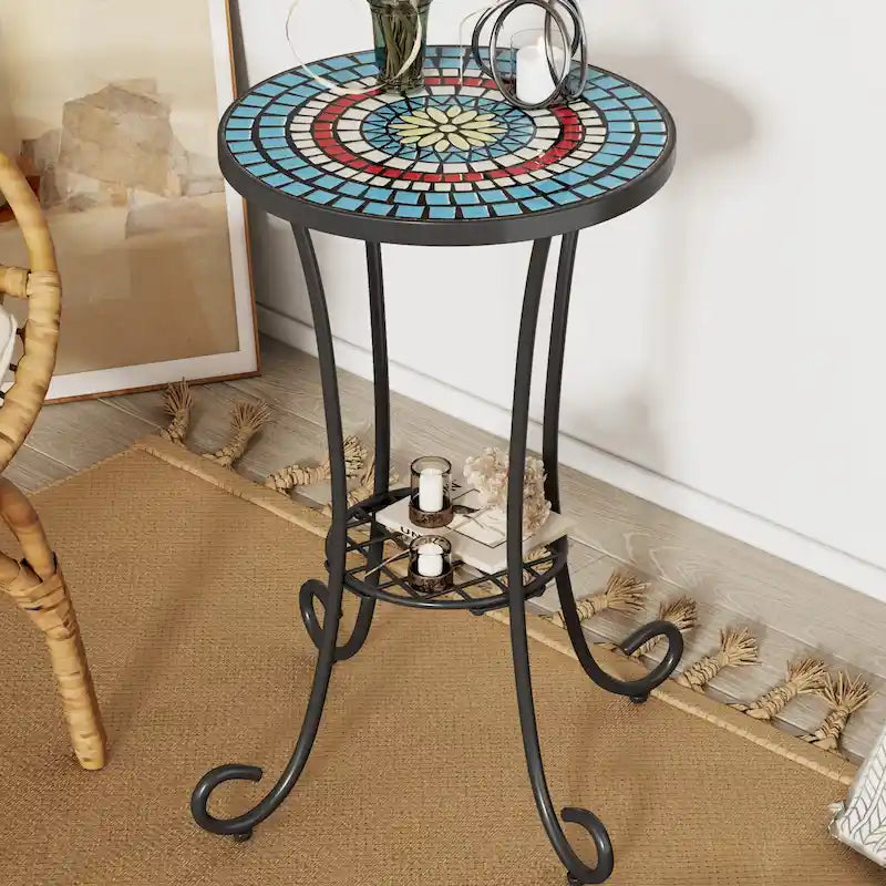 Table d'appoint de patio ronde, petite table de bout, support de plante avec plateau en céramique florale et étagère de rangement pour salle d'étude, jardin